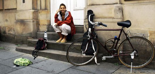 The gorgeous Georgia from Italy (Scottish dad poor girl!) enjoys a rest on the steps. Glasgow today.